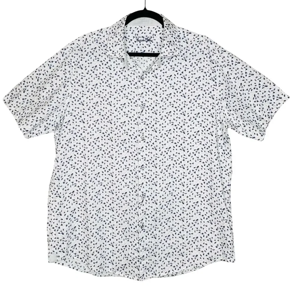 Tasso Elba Mens Shirt L White Blue Micro Paisley Short Sleeve Button Up Cotton